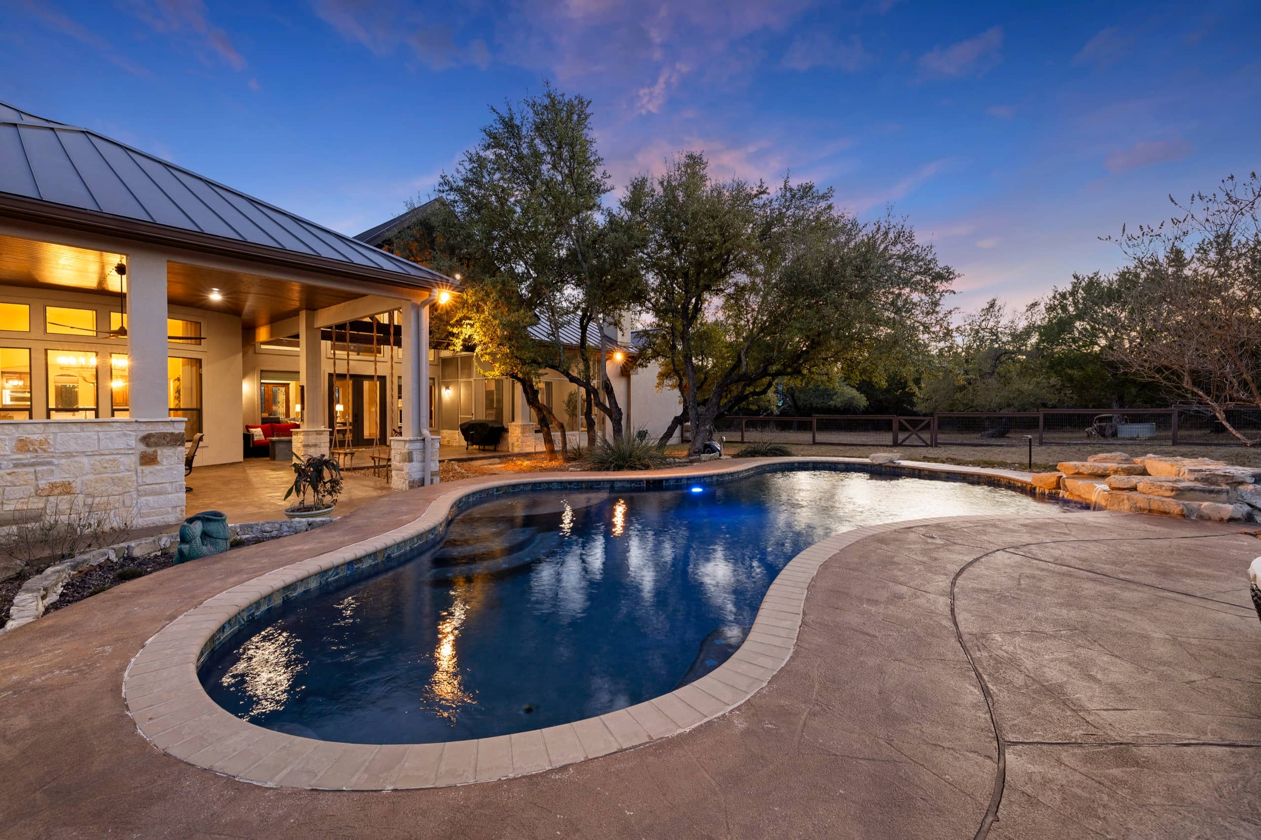 Twilight pool and patio at a recent Hill Country shoot