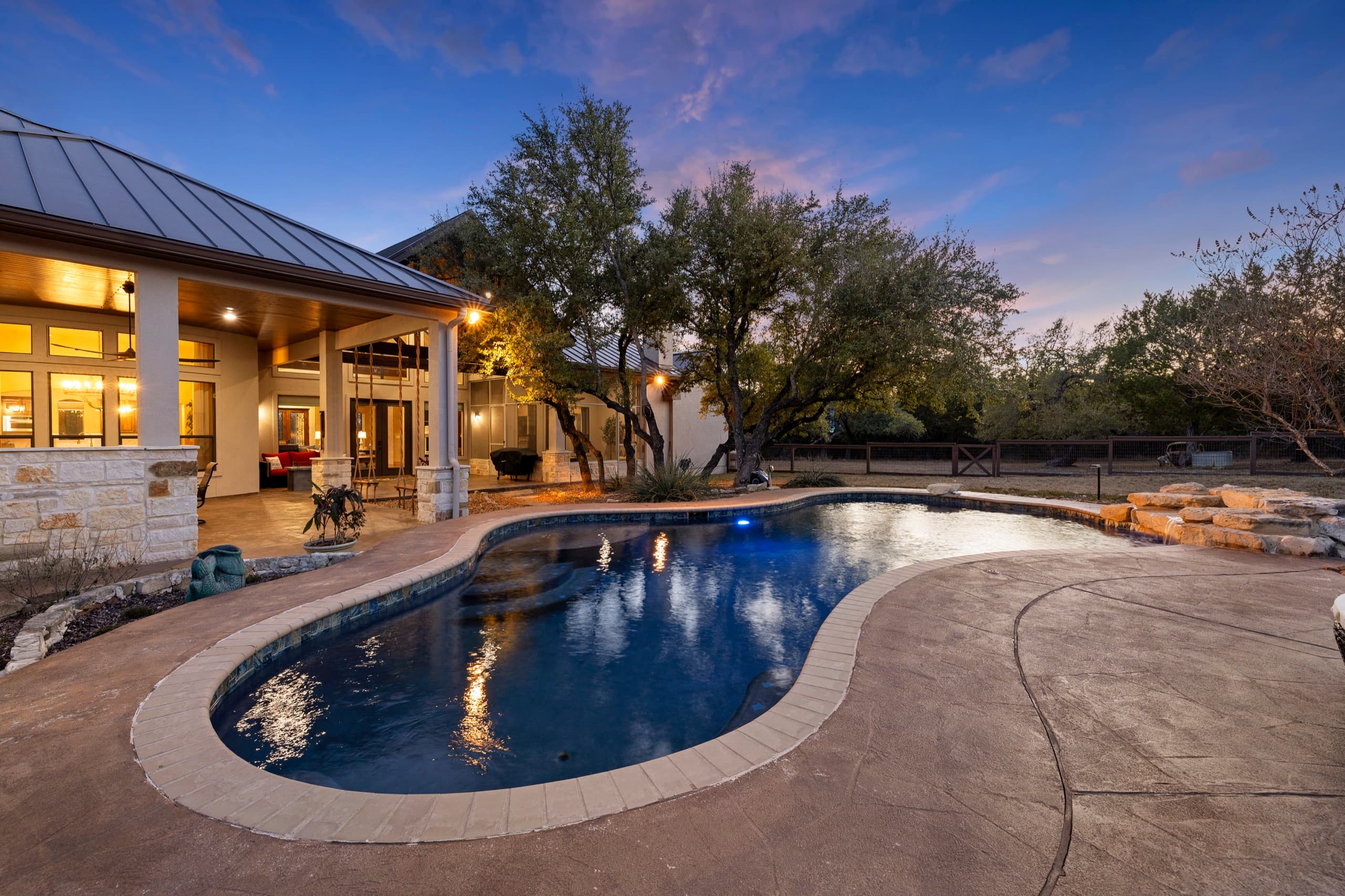 Twilight pool and patio at a recent Hill Country shoot